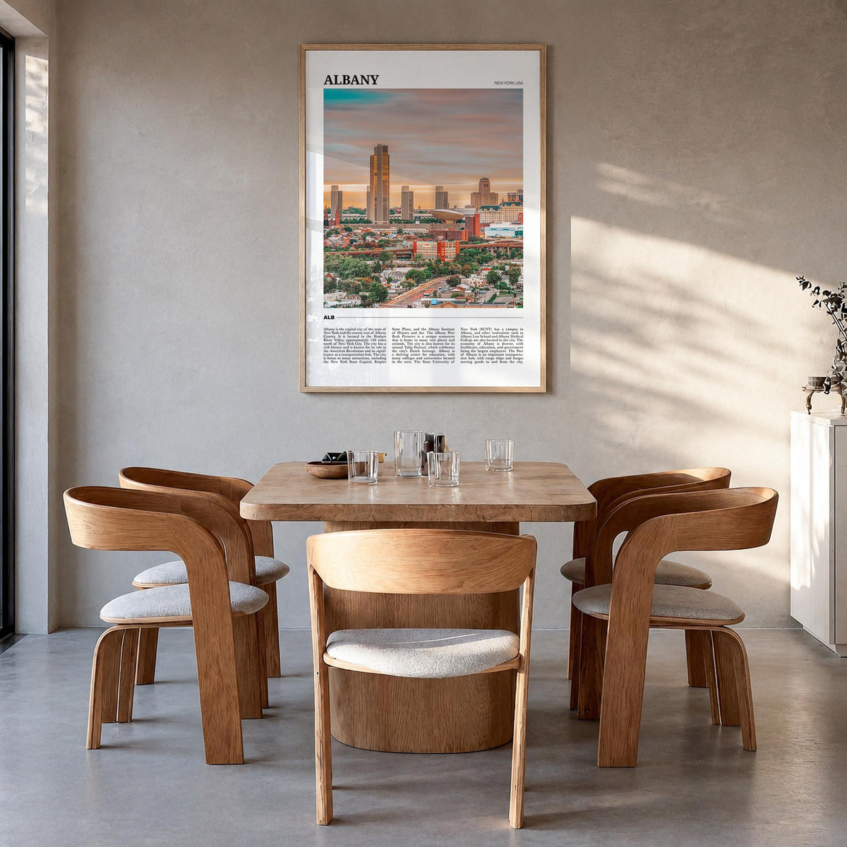 Albany, New York colorful travel poster of New York, USA – vertical wall art in natural wood frame, hanging on wall