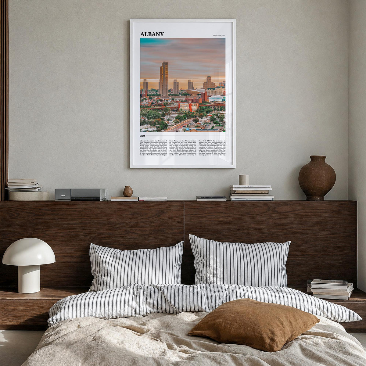 Albany, New York colorful travel poster of New York, USA – vertical wall art in white wood frame, hanging on wall