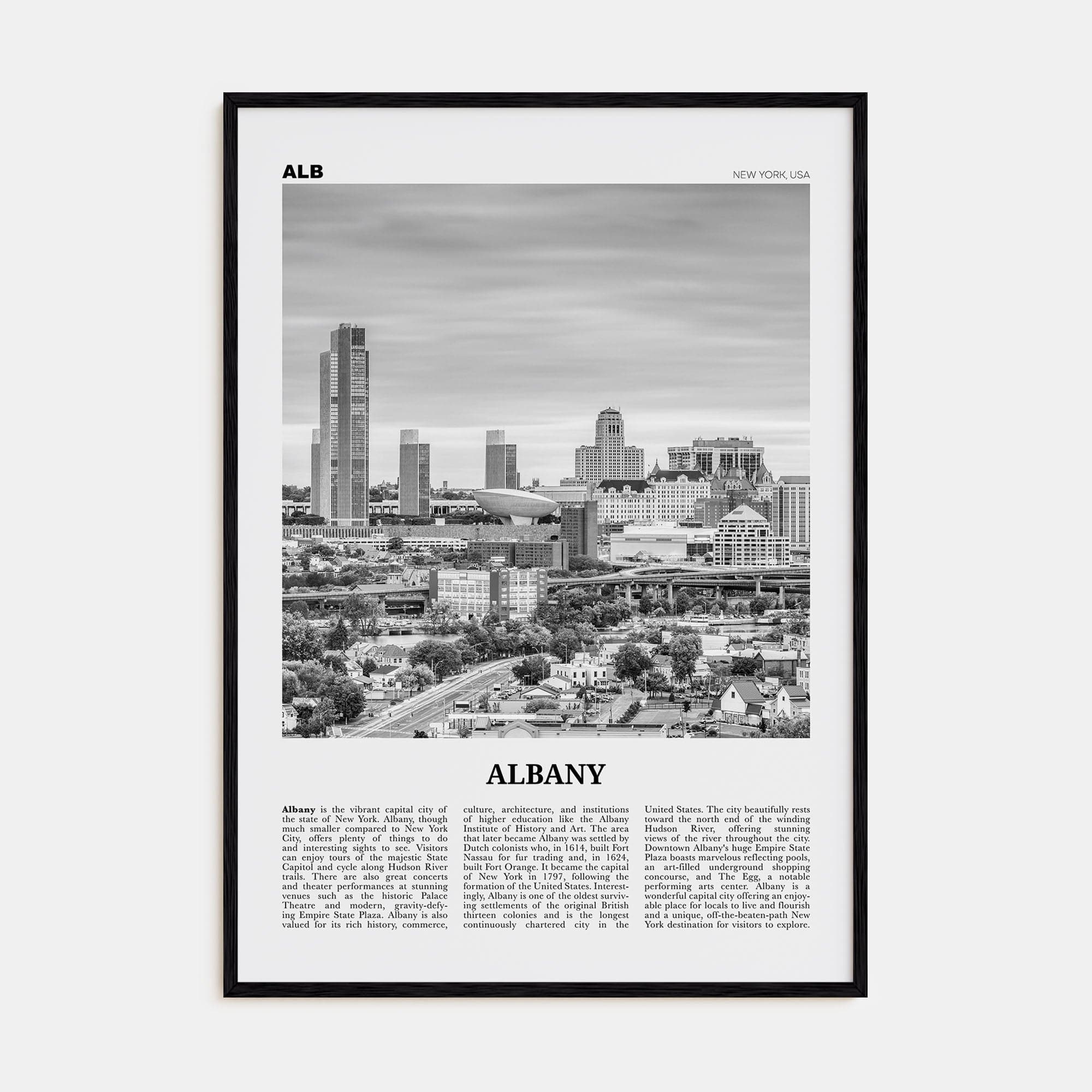 Albany, New York Poster Black Wood / 8x12 in Nbourhood Travel B&W Poster