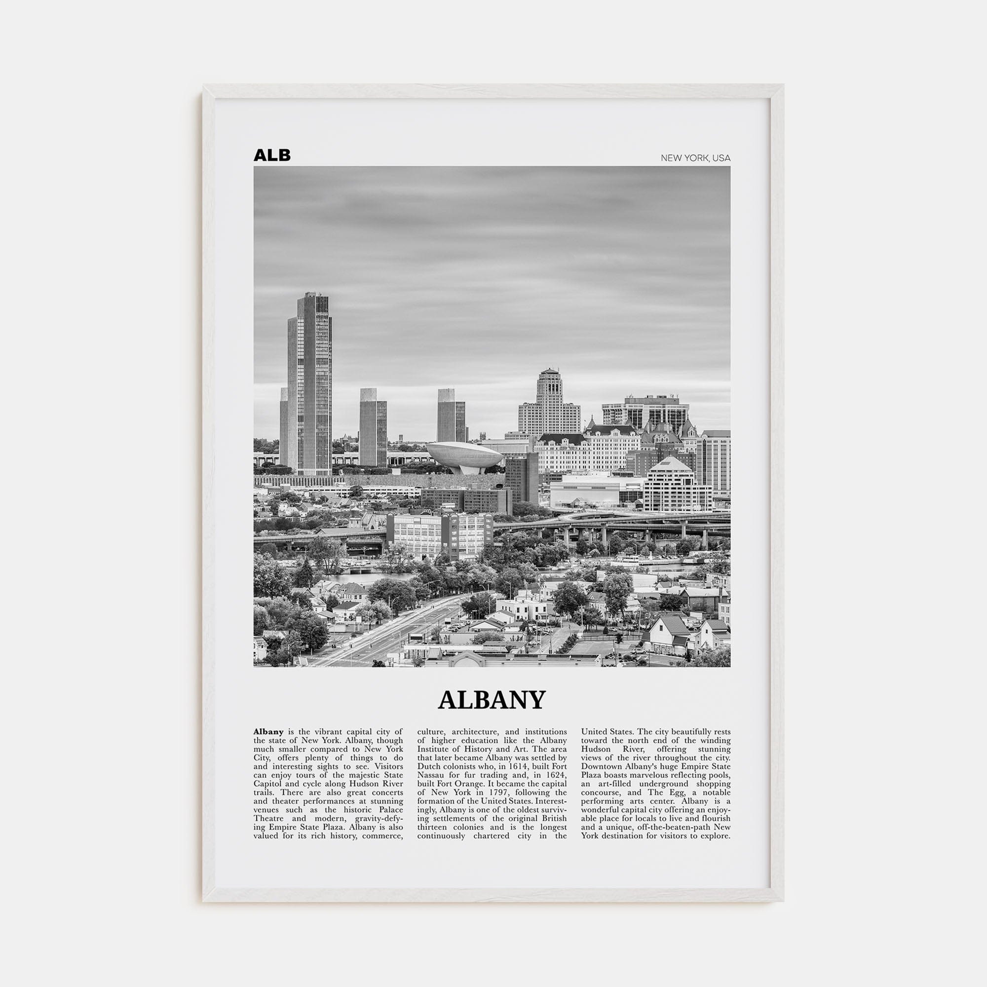 Albany, New York Poster White Wood / 8x12 in Nbourhood Travel B&W Poster