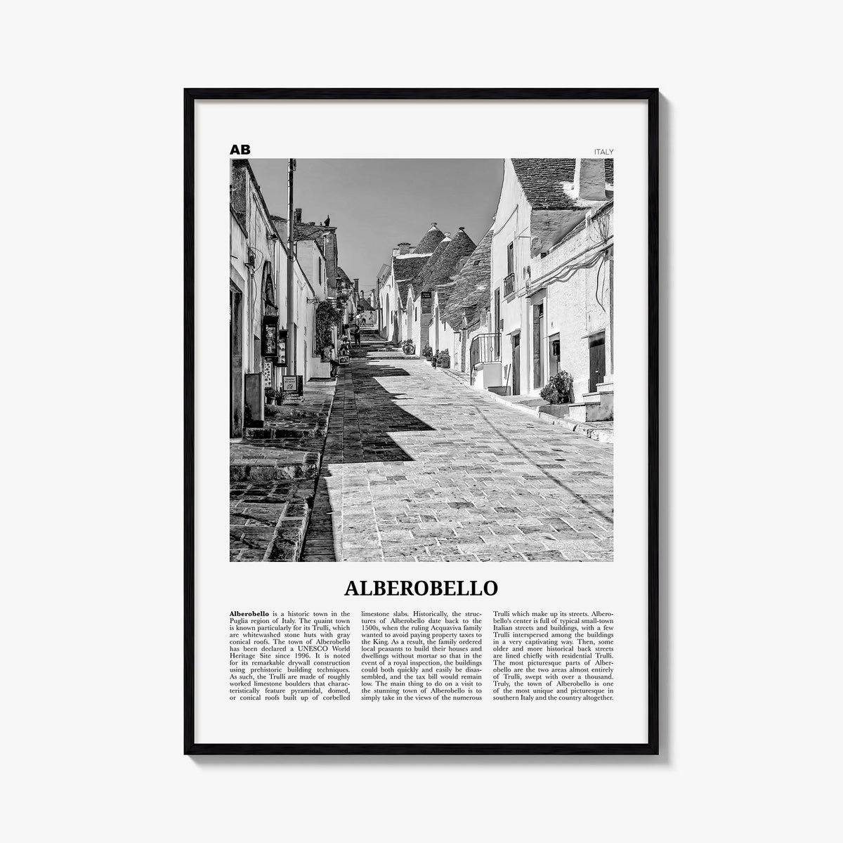 Alberobello black & white newspaper poster of Italy – vertical wall art, unframed print shown in interior mockup