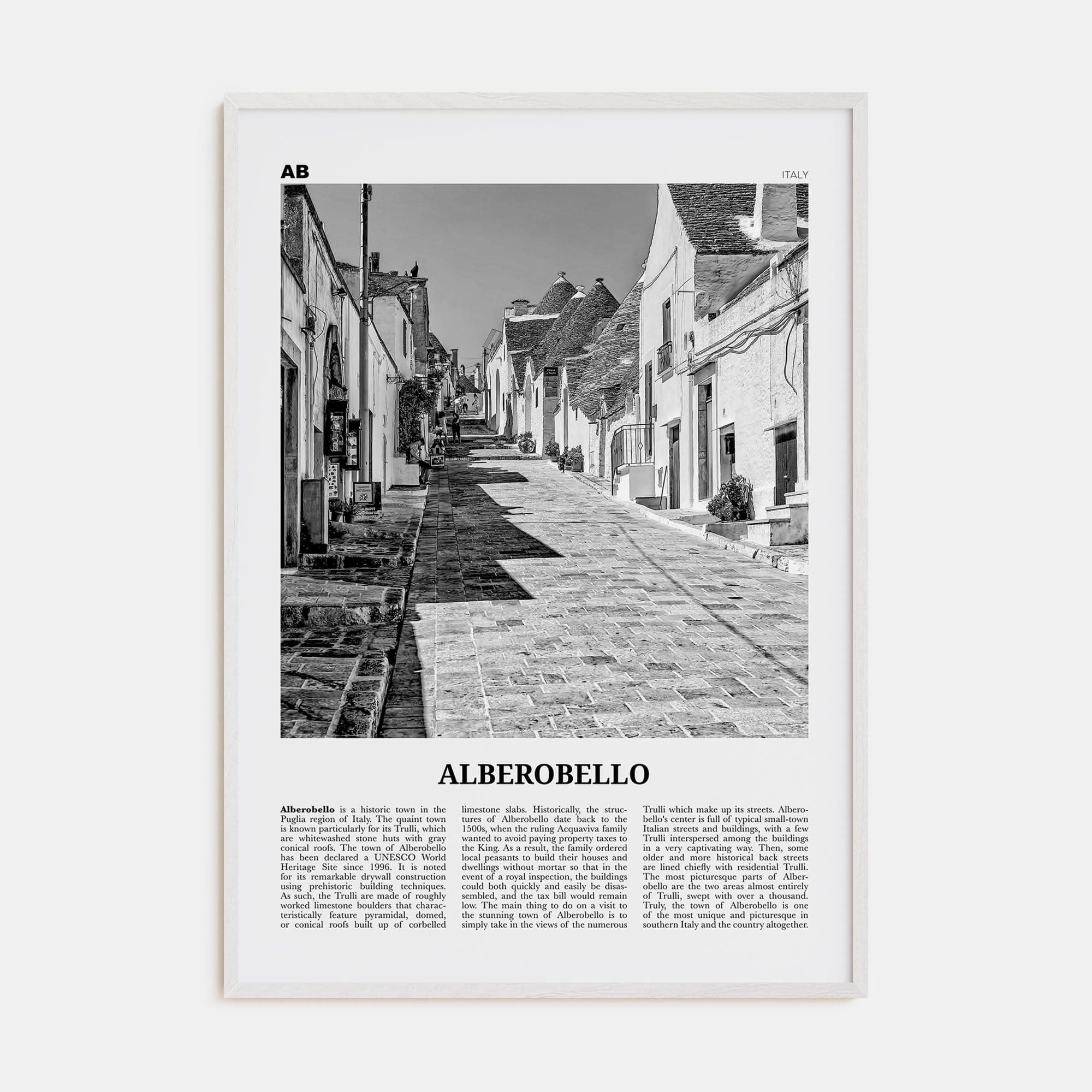 Alberobello Poster White Wood / 8x12 in Nbourhood Travel B&W Poster