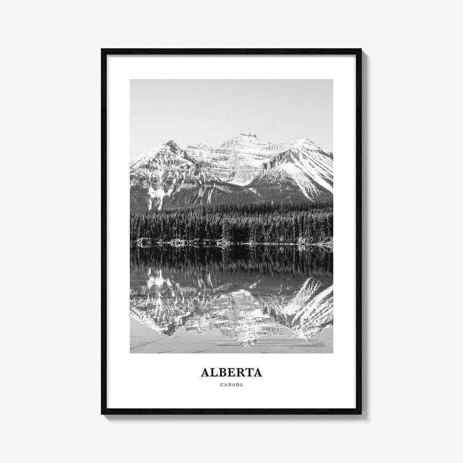 Alberta black & white classic poster of Canada – vertical wall art, unframed print shown in interior mockup