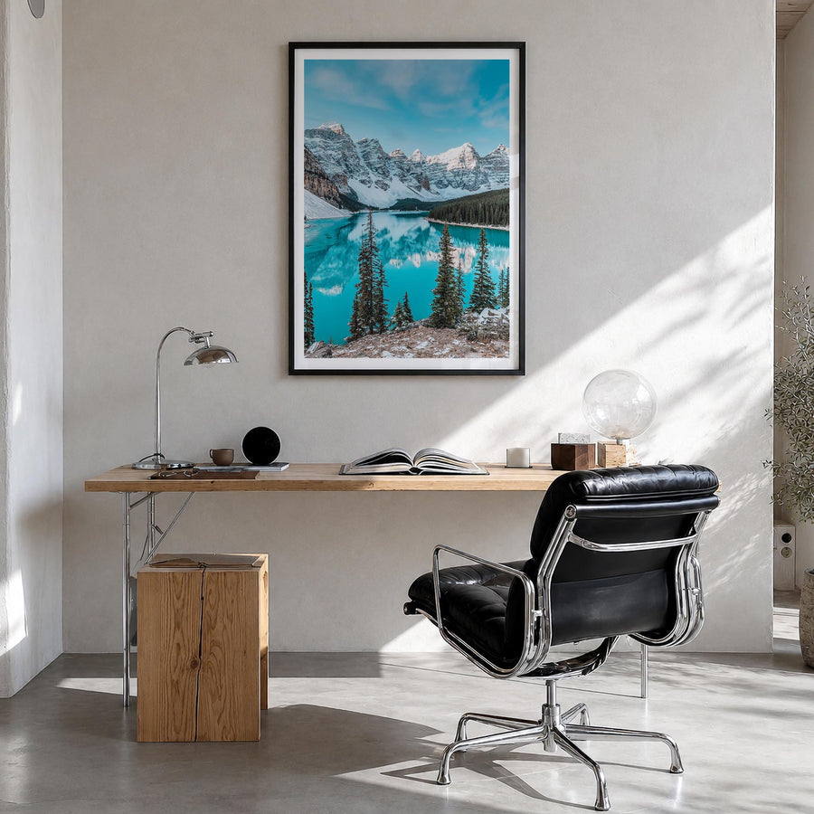 Alberta colorful photo poster of Canada – vertical wall art in black wood frame with white border, hanging on wall