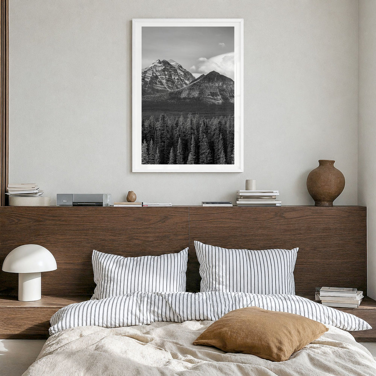 Alberta Photo Poster in a white wood frame, hanging in a bedroom, white border