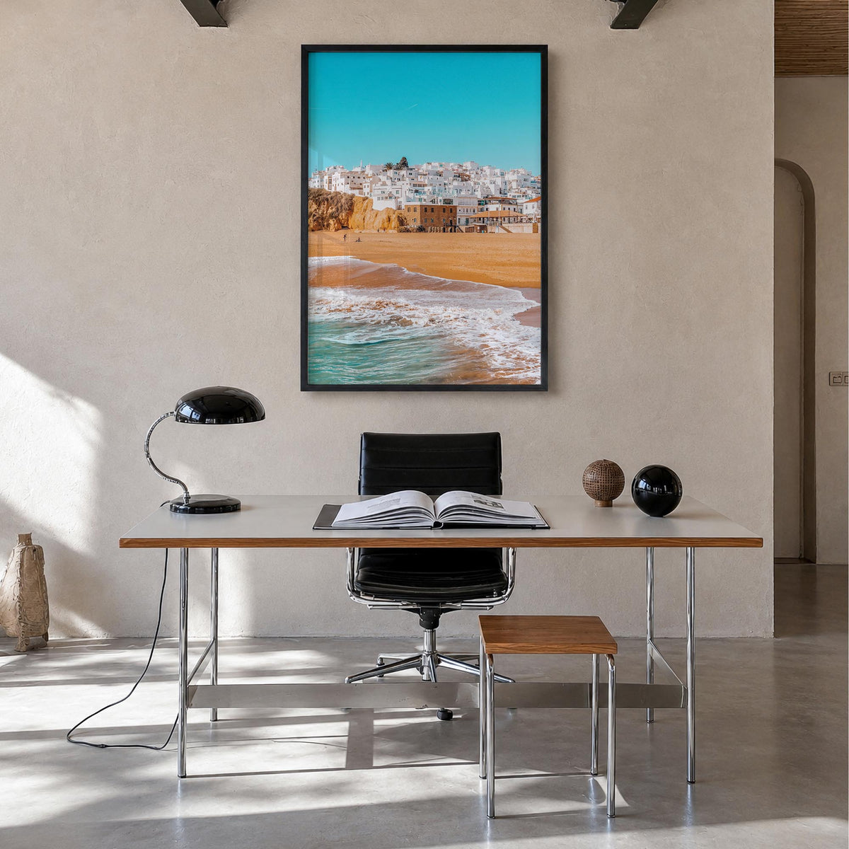 Albufeira colorful photo poster of Portugal – vertical wall art in black wood frame, hanging on wall