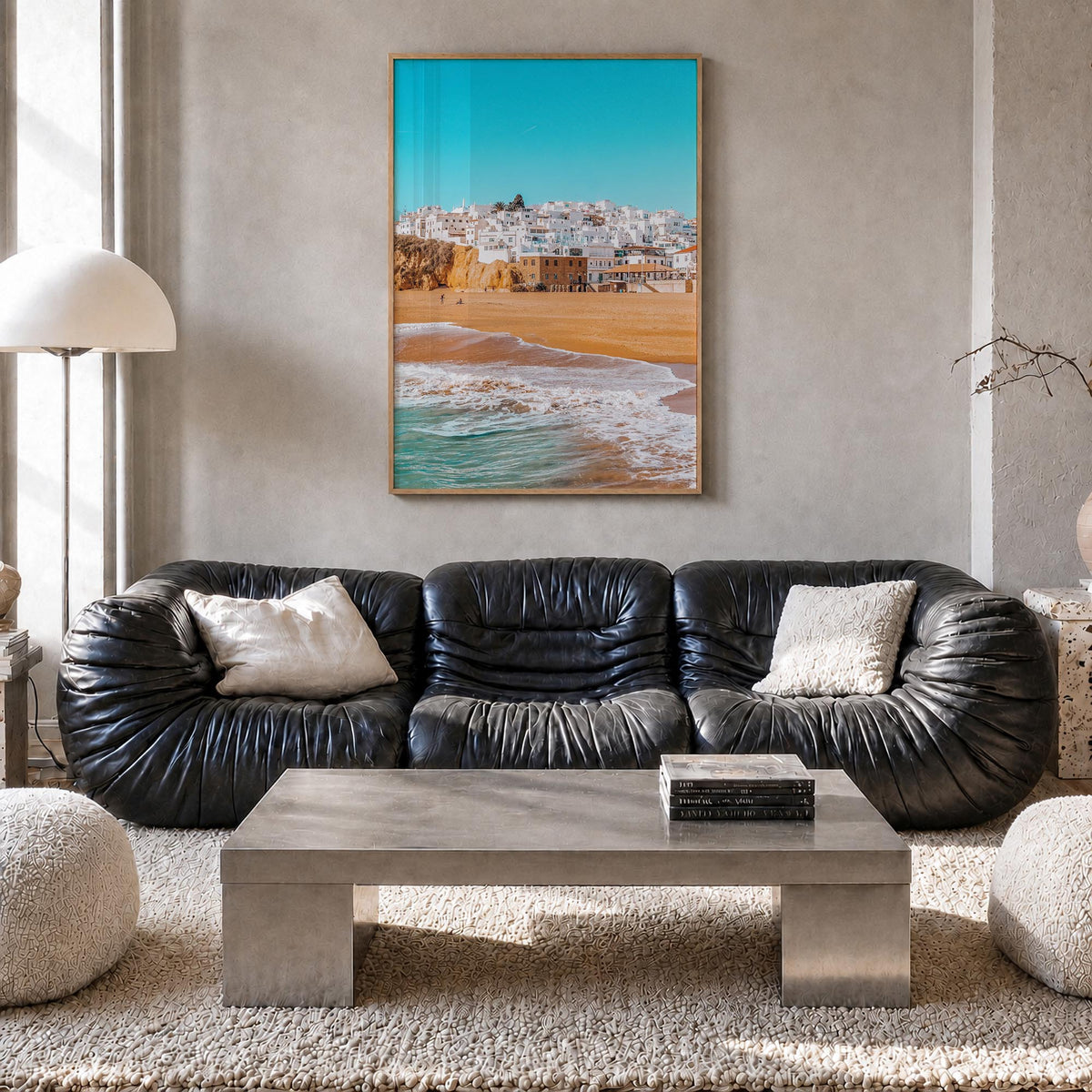 Albufeira colorful photo poster of Portugal – vertical wall art in natural wood frame, hanging on wall