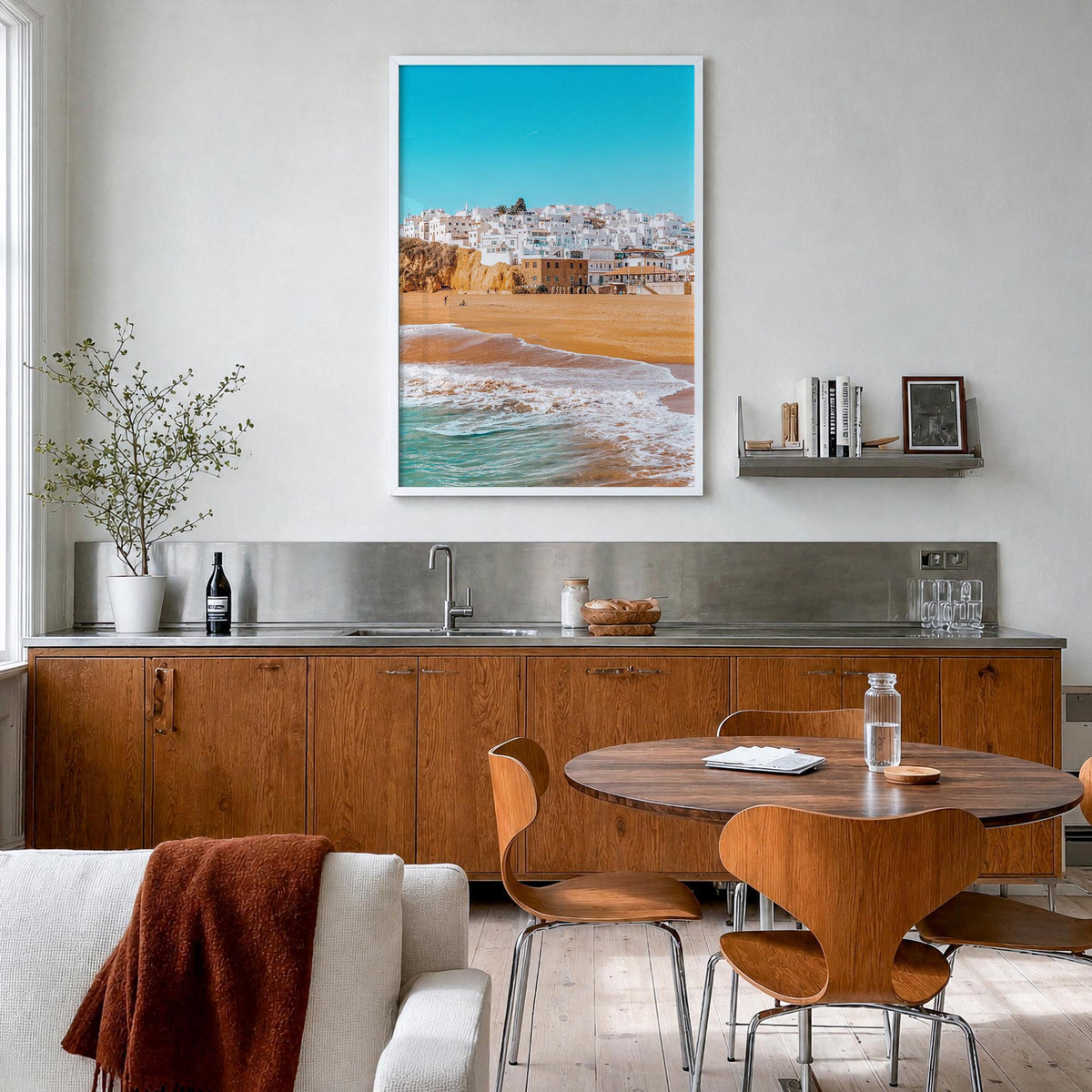 Albufeira colorful photo poster of Portugal – vertical wall art in white wood frame, hanging on wall