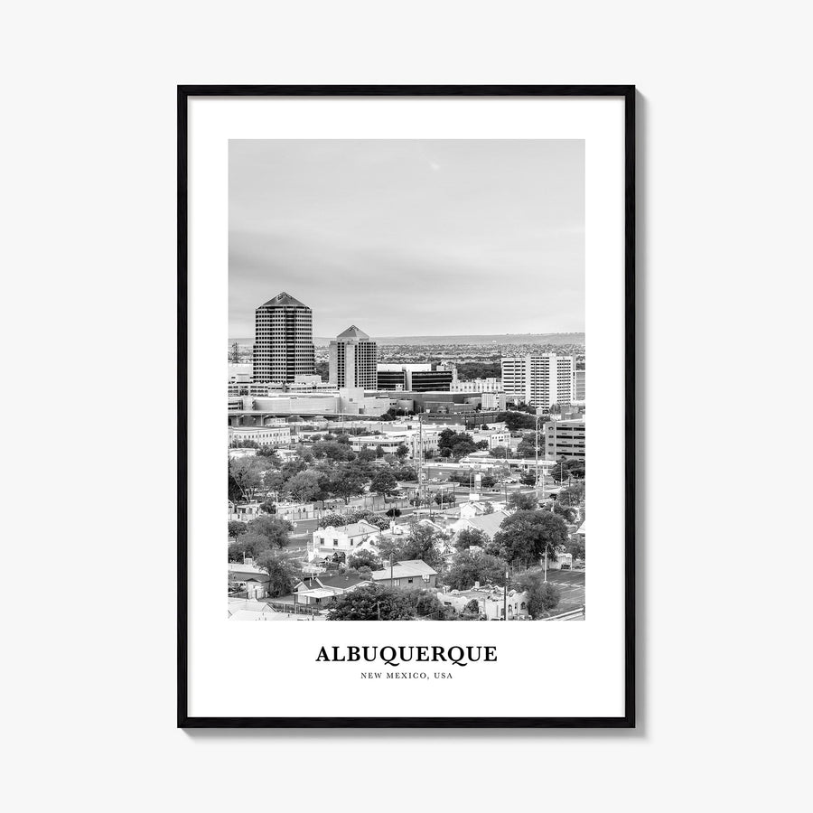 Albuquerque black & white classic poster of New Mexico, USA – vertical wall art, unframed print shown in interior mockup