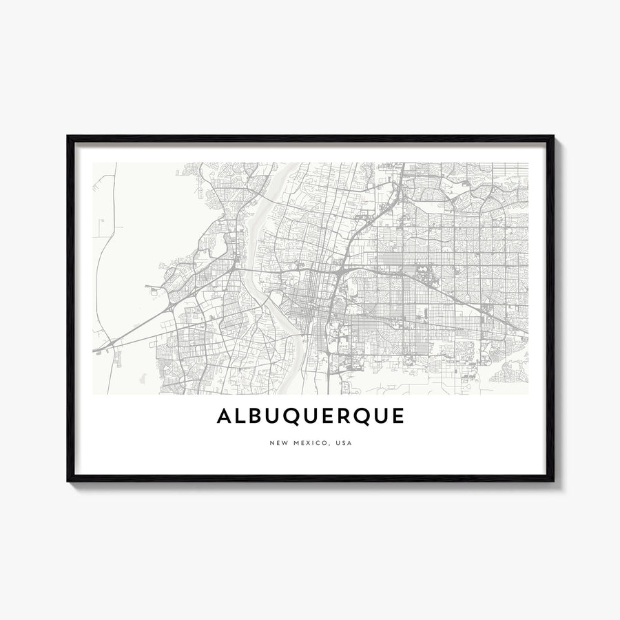 Albuquerque black & white map poster of New Mexico, USA – horizontal wall art, unframed print shown in interior mockup