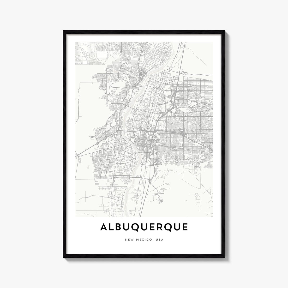 Albuquerque black & white map poster of New Mexico, USA – vertical wall art, unframed print shown in interior mockup