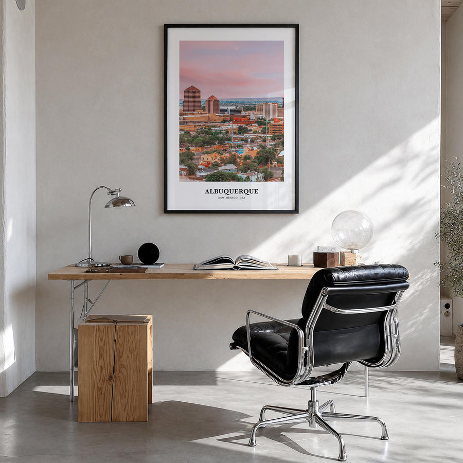 Albuquerque colorful classic poster of New Mexico, USA – vertical wall art in black wood frame, hanging on wall