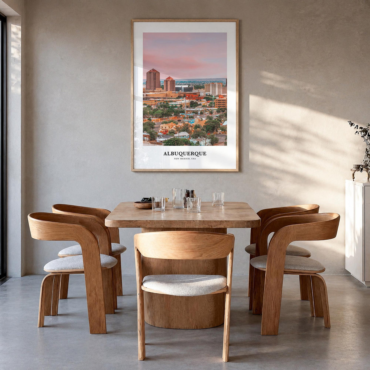 Albuquerque colorful classic poster of New Mexico, USA – vertical wall art in natural wood frame, hanging on wall