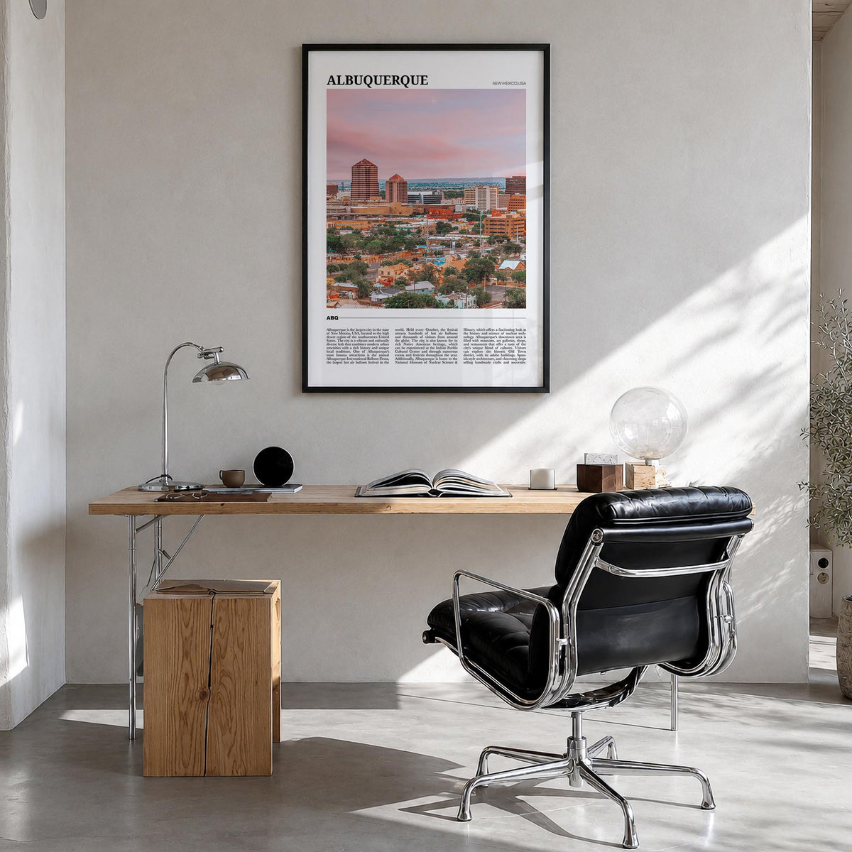 Albuquerque colorful travel poster of New Mexico, USA – vertical wall art in black wood frame, hanging on wall