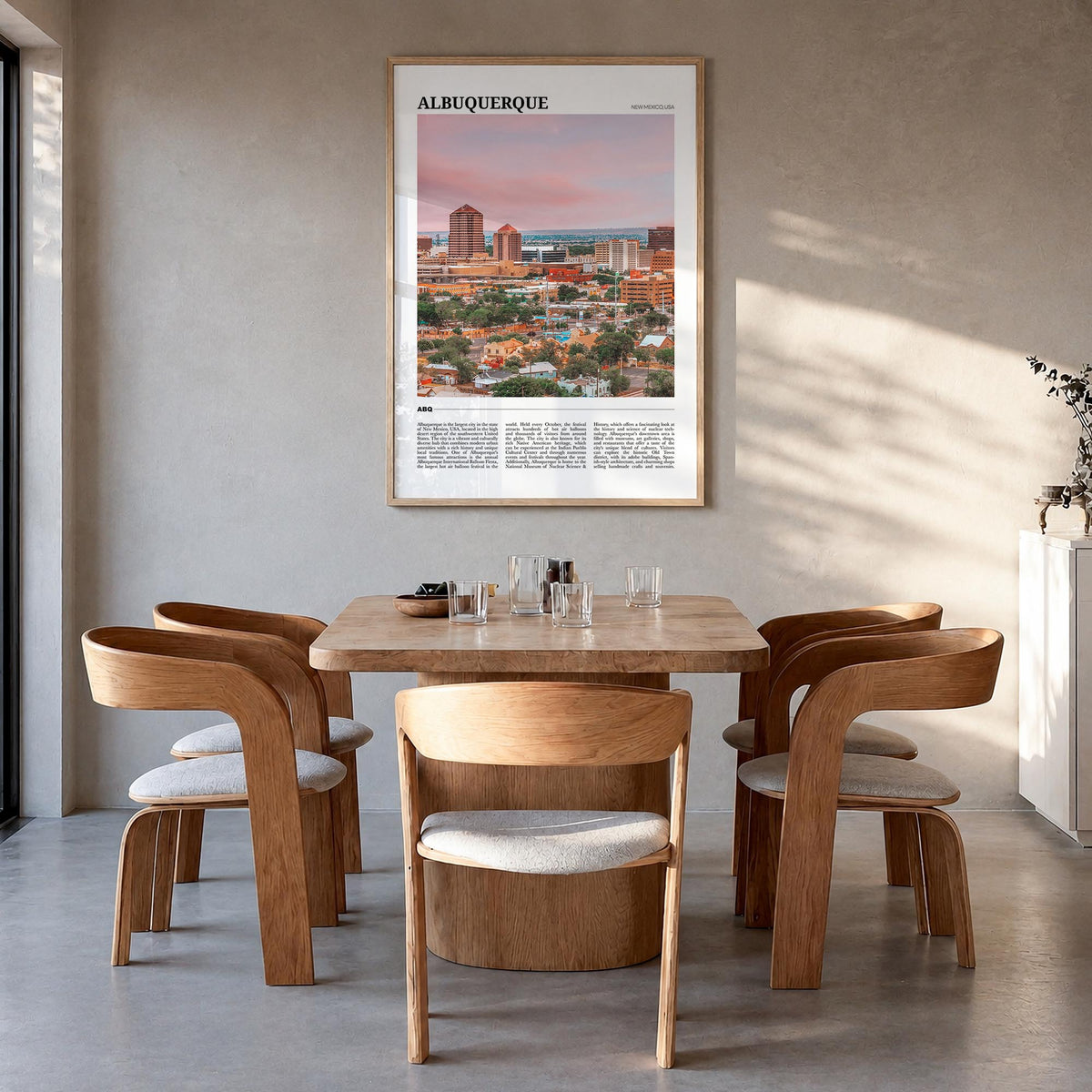 Albuquerque colorful travel poster of New Mexico, USA – vertical wall art in natural wood frame, hanging on wall