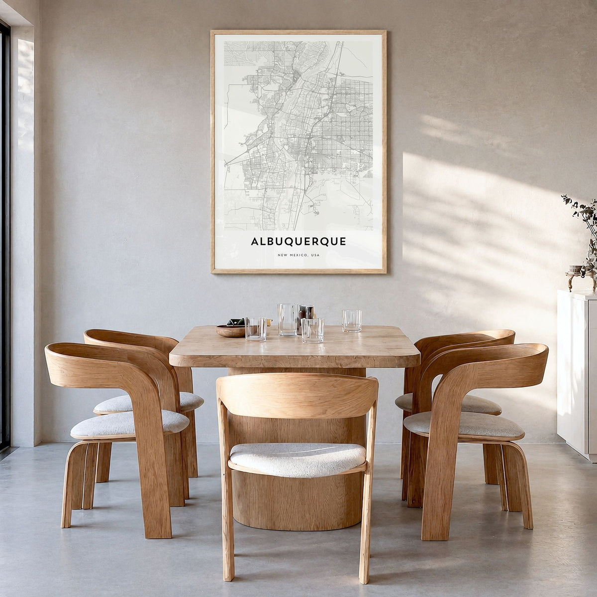 Albuquerque Map Poster in a natural wood frame, hanging in a dining room