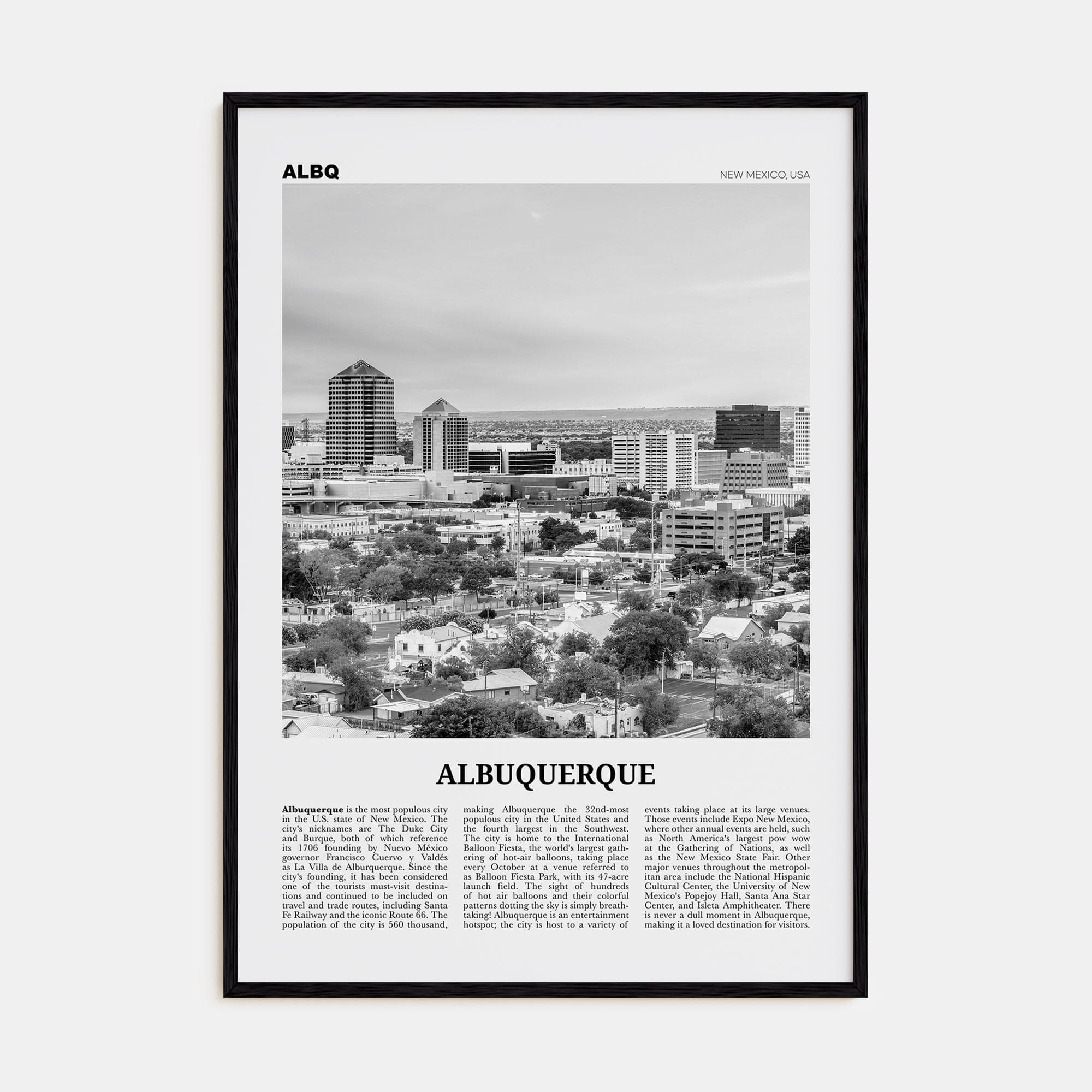 Albuquerque Poster Black Wood / 8x12 in Nbourhood Travel B&W Poster