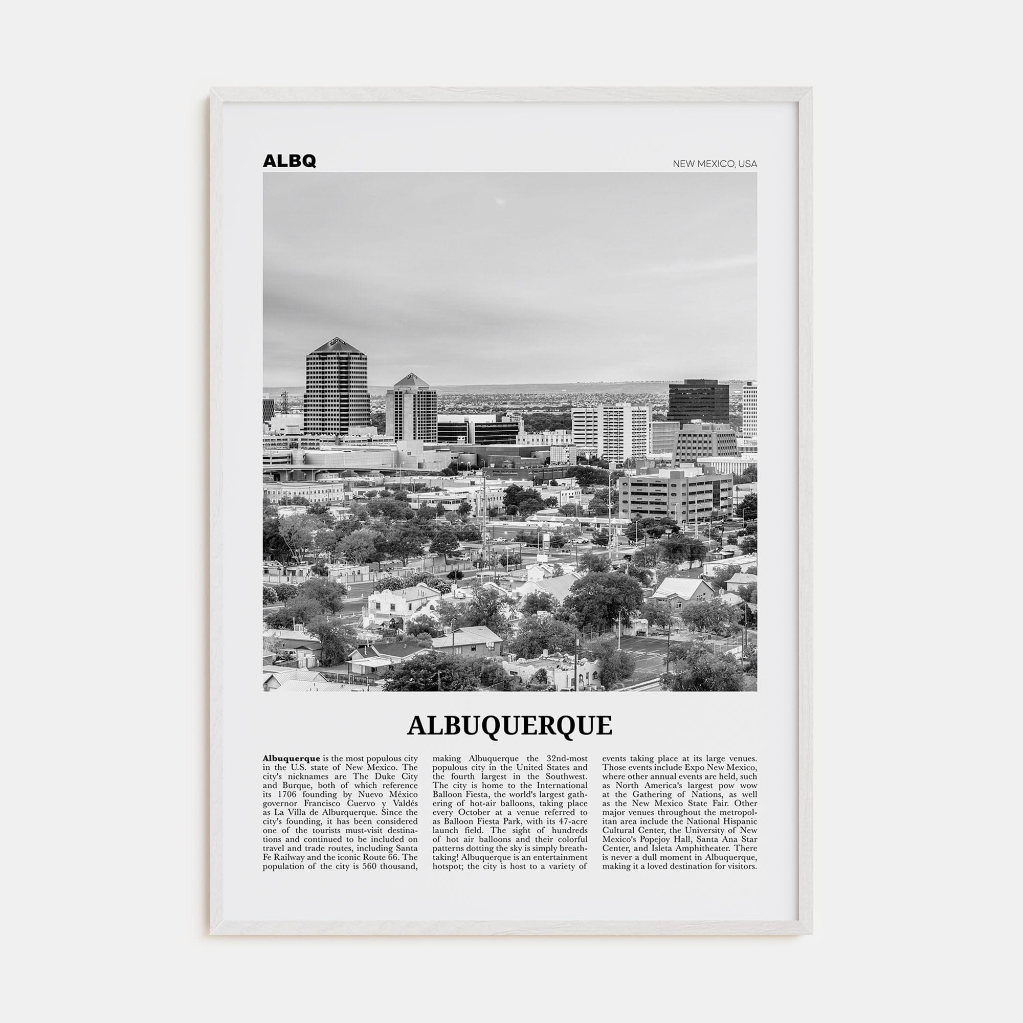 Albuquerque Poster White Wood / 8x12 in Nbourhood Travel B&W Poster