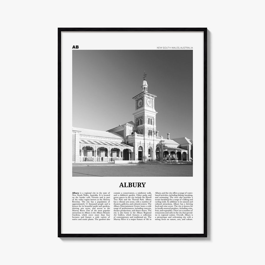 Albury black & white newspaper poster of Australia – vertical wall art, unframed print shown in interior mockup