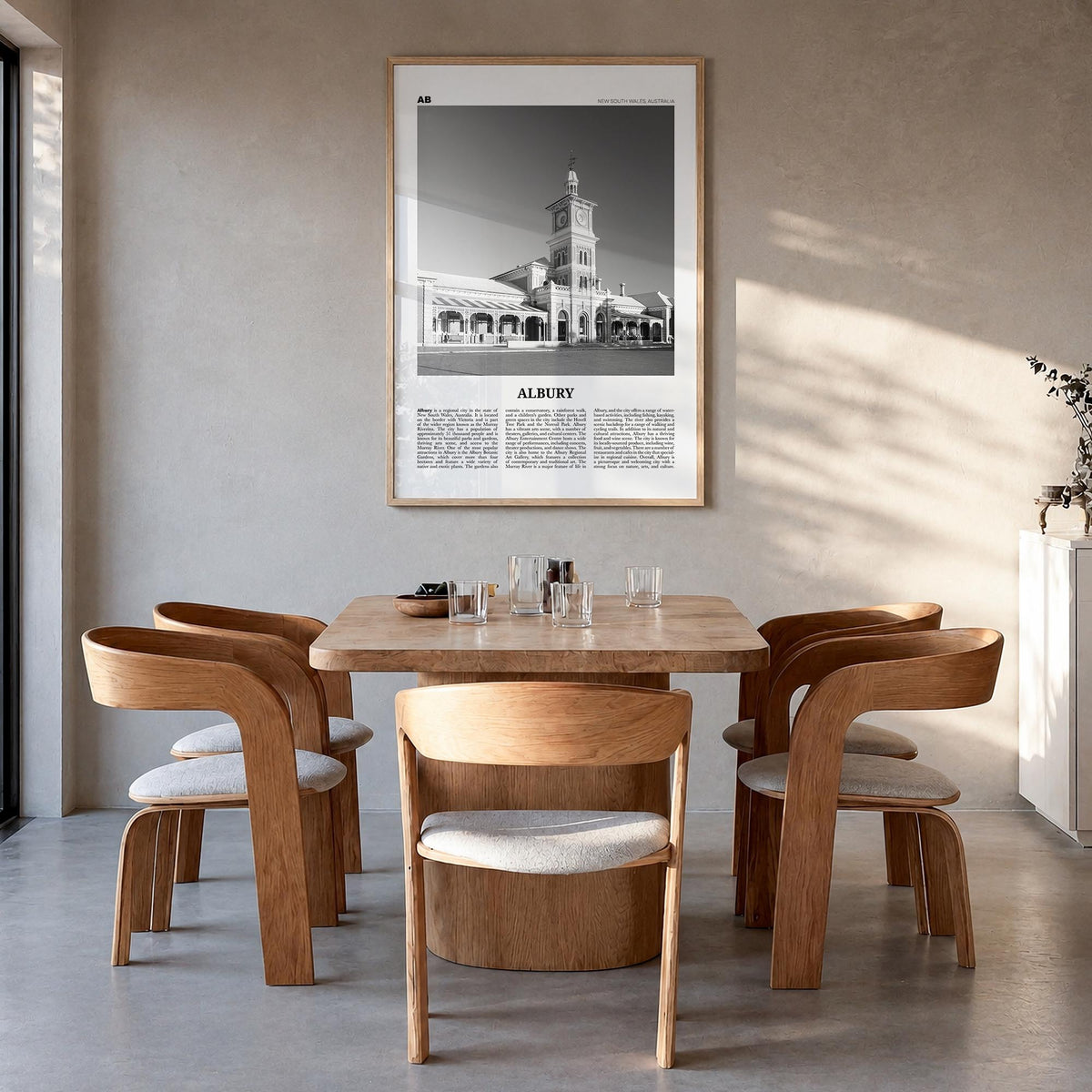 Albury black & white newspaper poster of Australia – vertical wall art in natural wood frame, hanging on wall