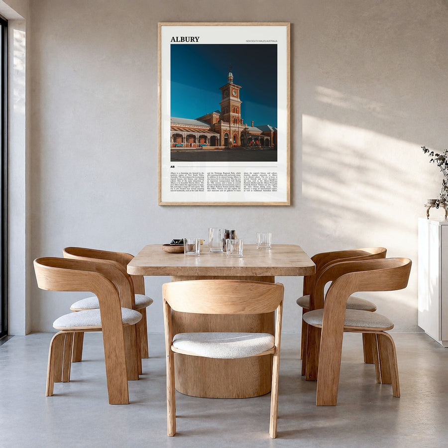 Albury Travel Poster in a natural wood frame, hanging in a dining room