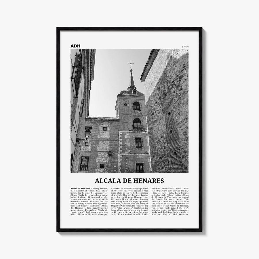 Alcalá de Henares black & white newspaper poster of Spain – vertical wall art, unframed print shown in interior mockup