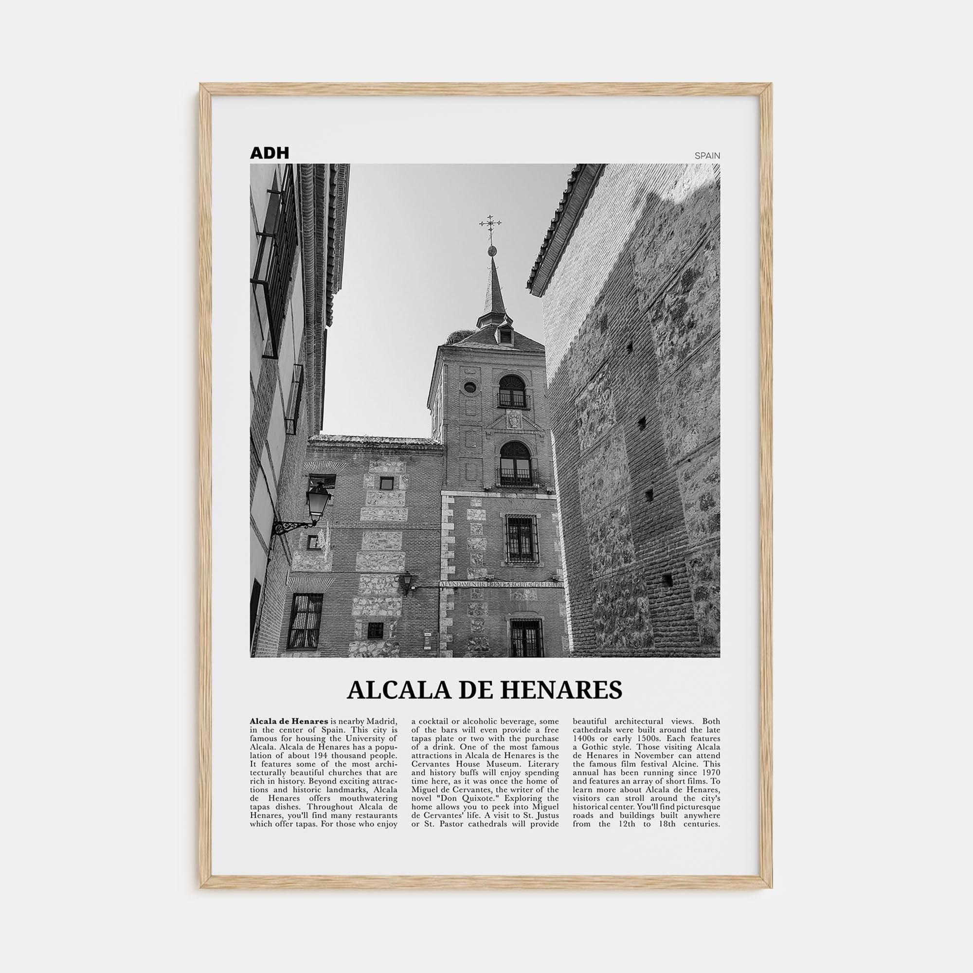 Alcala de Henares Poster Natural Wood / 8x12 in Nbourhood Travel B&W Poster