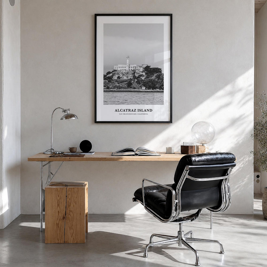 Alcatraz Island black & white classic poster of San Francisco, California – vertical wall art in black wood frame, hanging on