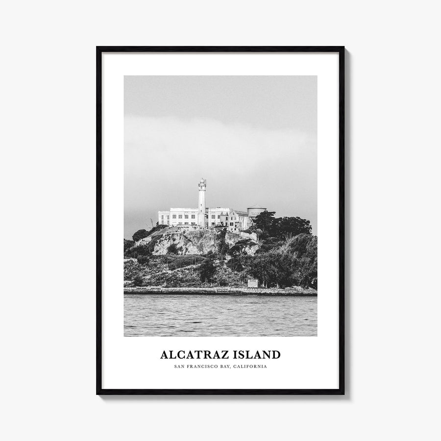 Alcatraz Island black & white classic poster of San Francisco, California – vertical wall art, unframed print shown in interi