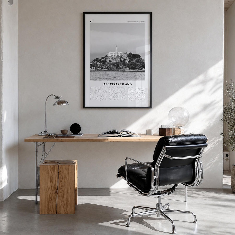 Alcatraz Island black & white newspaper poster of San Francisco, California – vertical wall art in black wood frame, hanging 