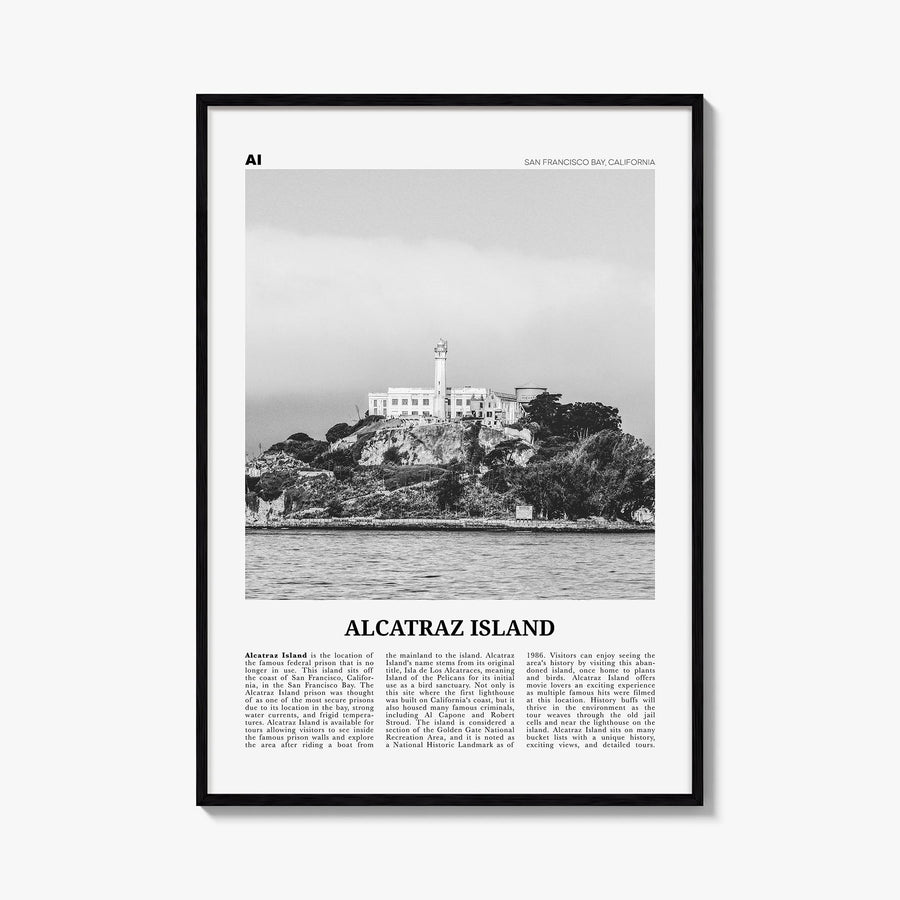 Alcatraz Island black & white newspaper poster of San Francisco, California – vertical wall art, unframed print shown in inte