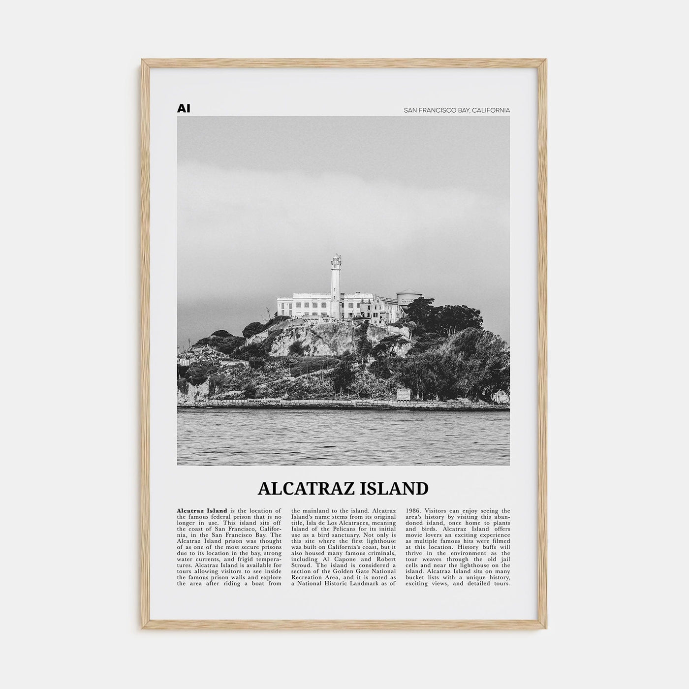 Alcatraz Island Poster Natural Wood / 8x12 in Nbourhood Travel B&W Poster