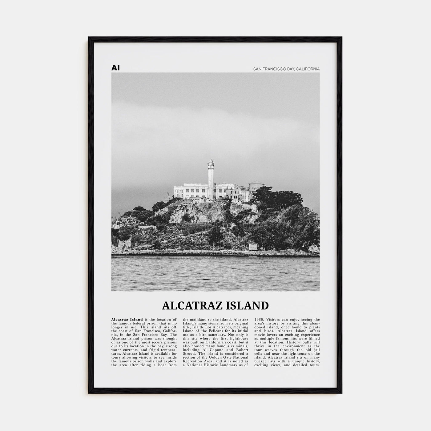 Alcatraz Island Poster Black Wood / 8x12 in Nbourhood Travel B&W Poster