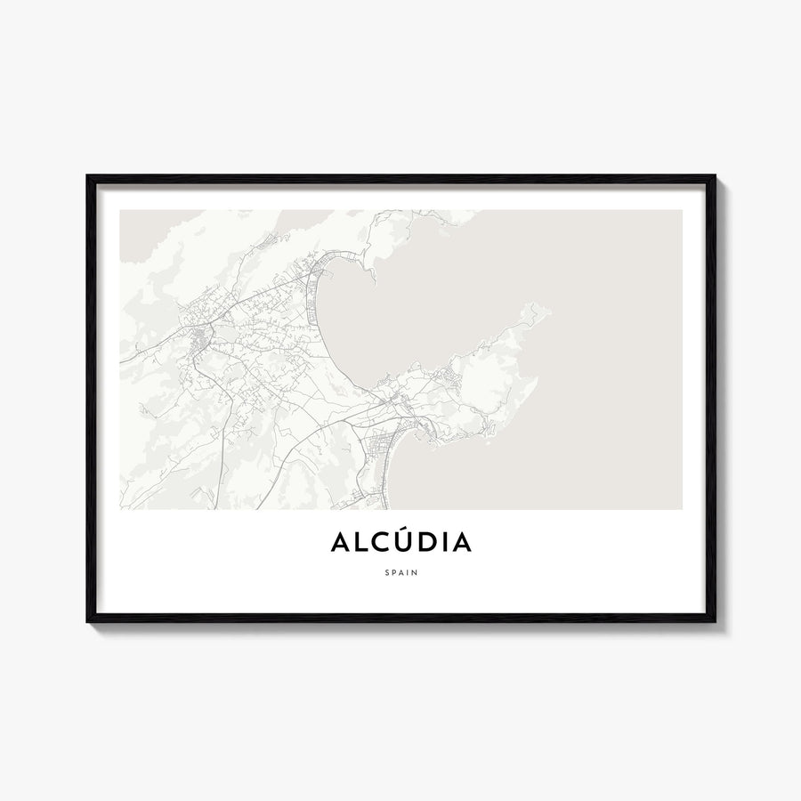 Alcudia black & white map poster of Spain – horizontal wall art, unframed print shown in interior mockup