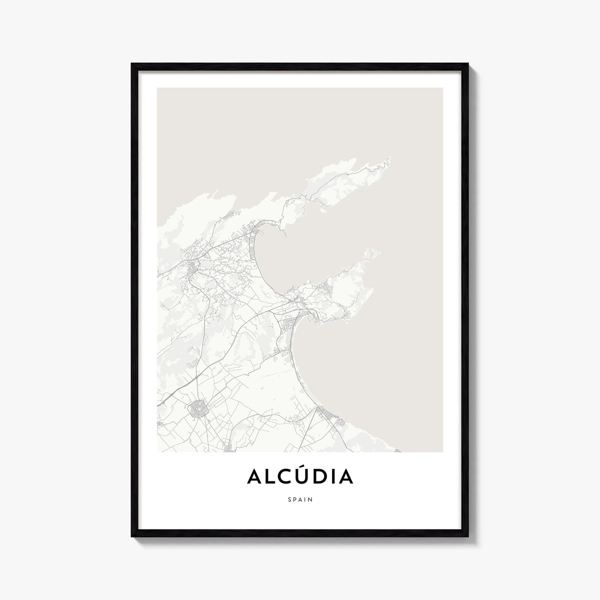 Alcudia black & white map poster of Spain – vertical wall art, unframed print shown in interior mockup