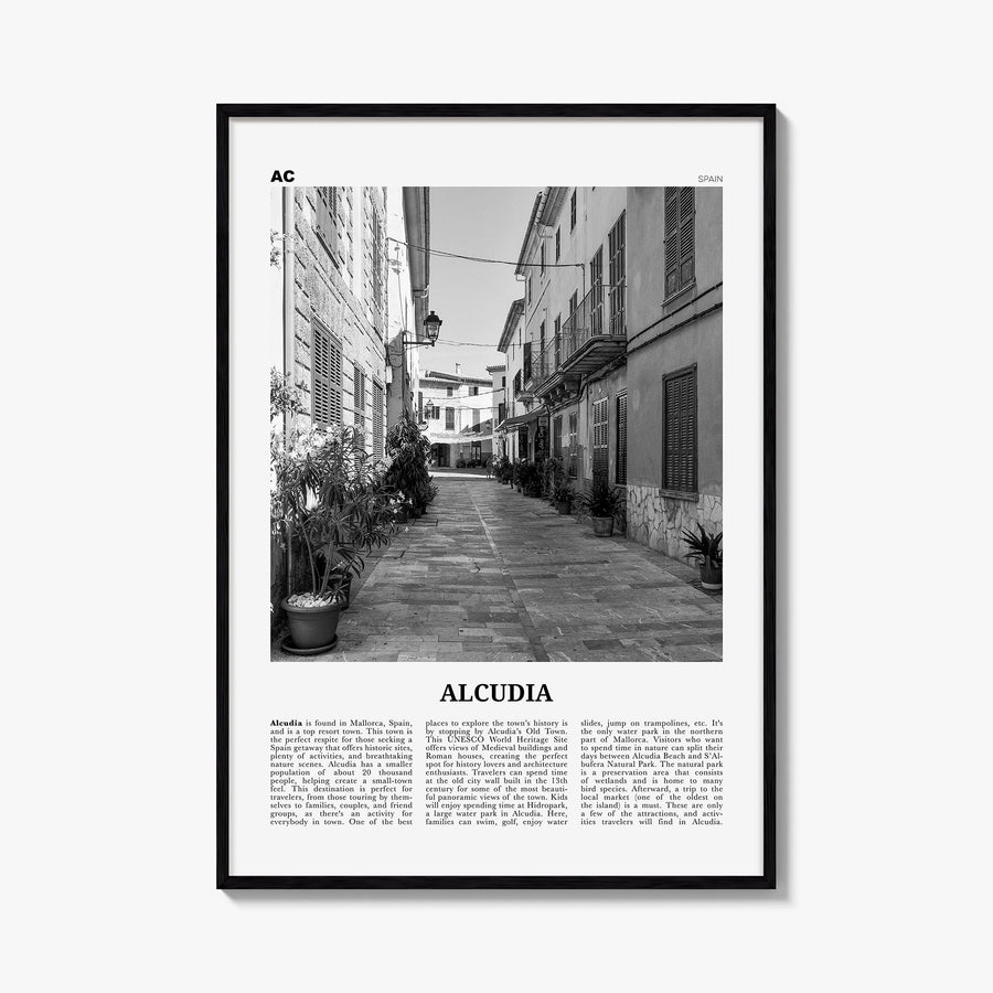Alcudia black & white newspaper poster of Spain – vertical wall art, unframed print shown in interior mockup