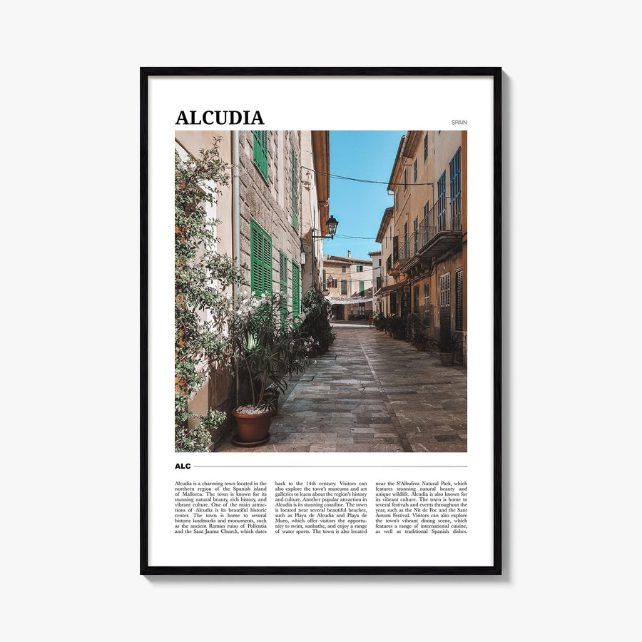 Alcudia colorful travel poster of Spain – vertical wall art, unframed print shown in interior mockup