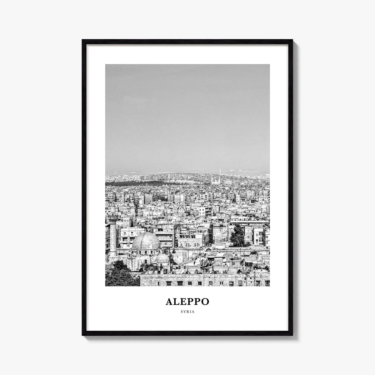 Aleppo black & white classic poster of Syria – vertical wall art, unframed print shown in interior mockup