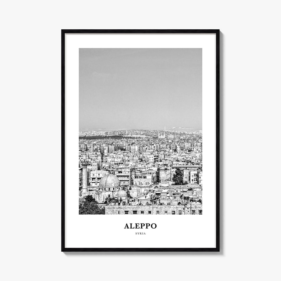 Aleppo black & white classic poster of Syria – vertical wall art, unframed print shown in interior mockup