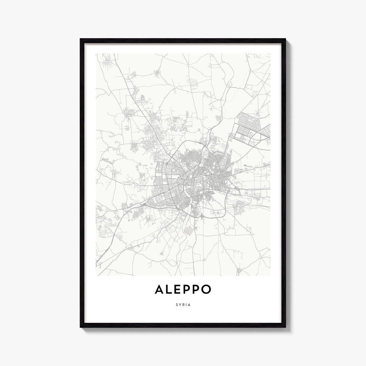 Aleppo black & white map poster of Syria – vertical wall art, unframed print shown in interior mockup