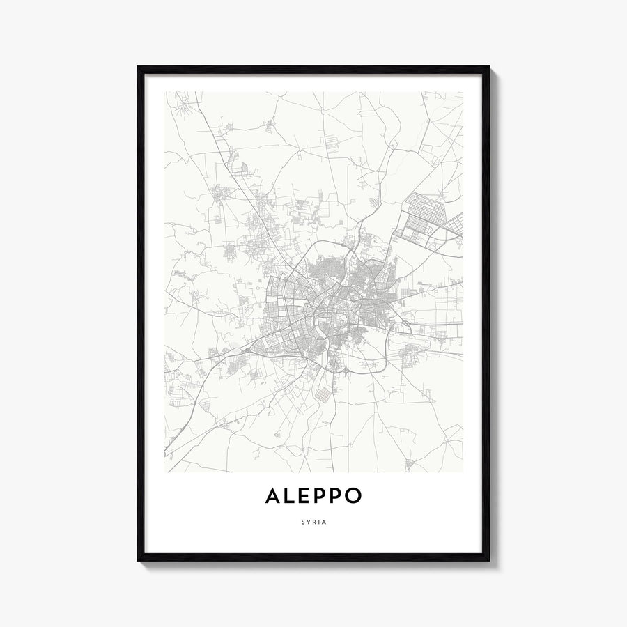 Aleppo black & white map poster of Syria – vertical wall art, unframed print shown in interior mockup