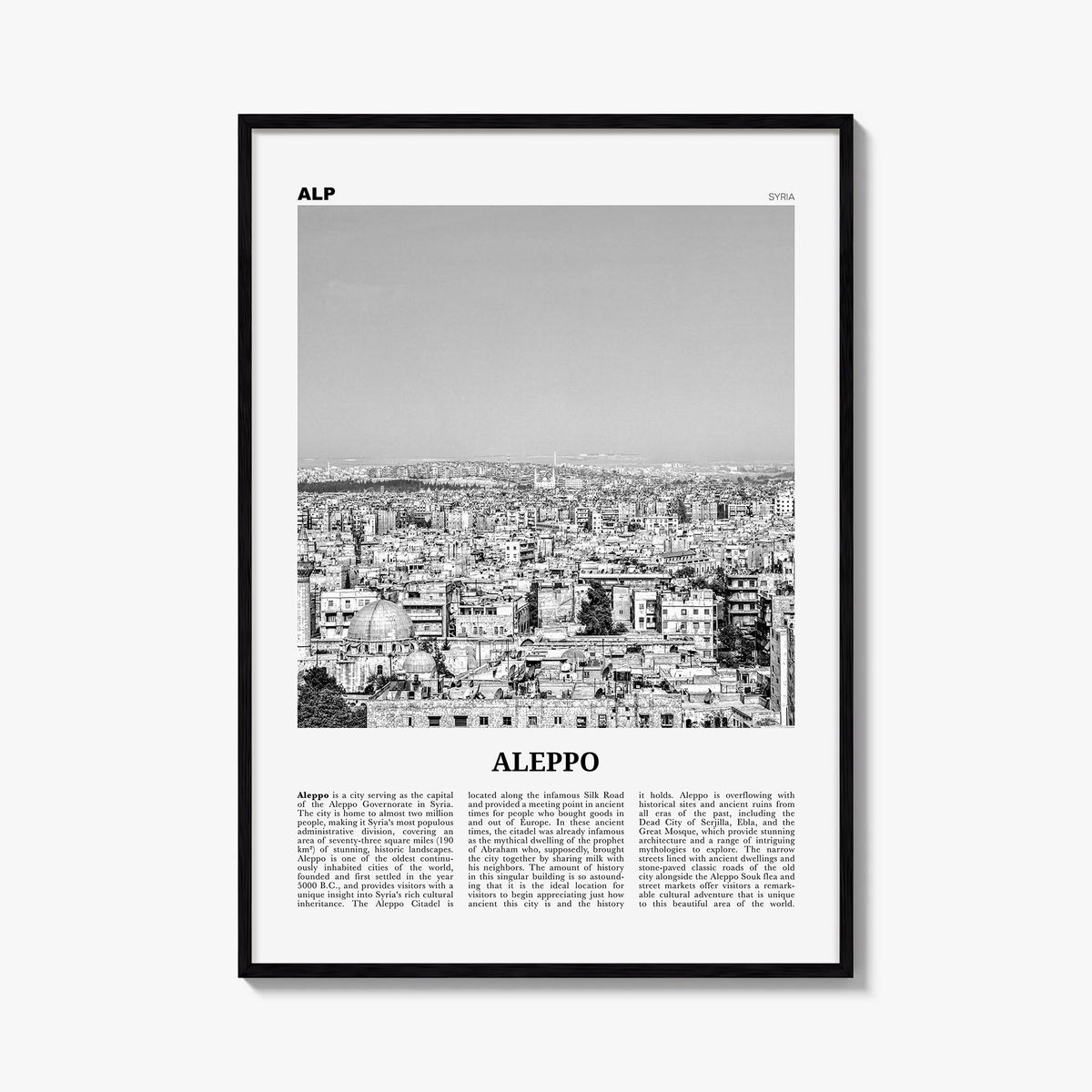 Aleppo black & white newspaper poster of Syria – vertical wall art, unframed print shown in interior mockup