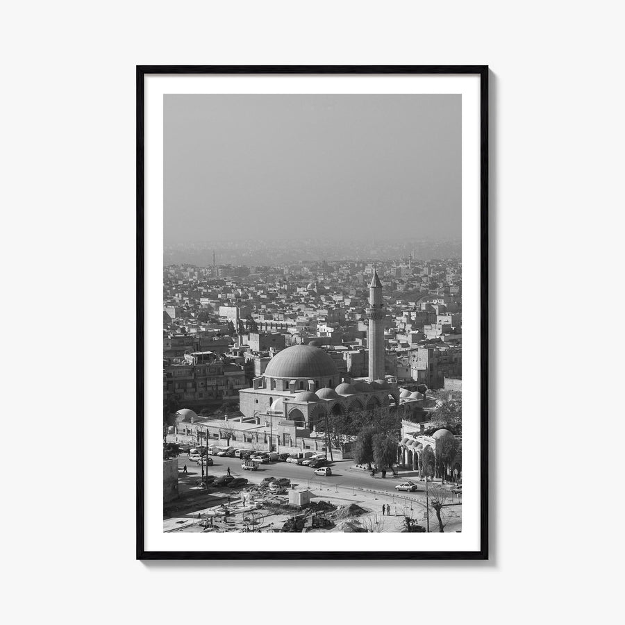Aleppo black & white photo poster of Syria – vertical wall art, unframed print shown in interior mockup