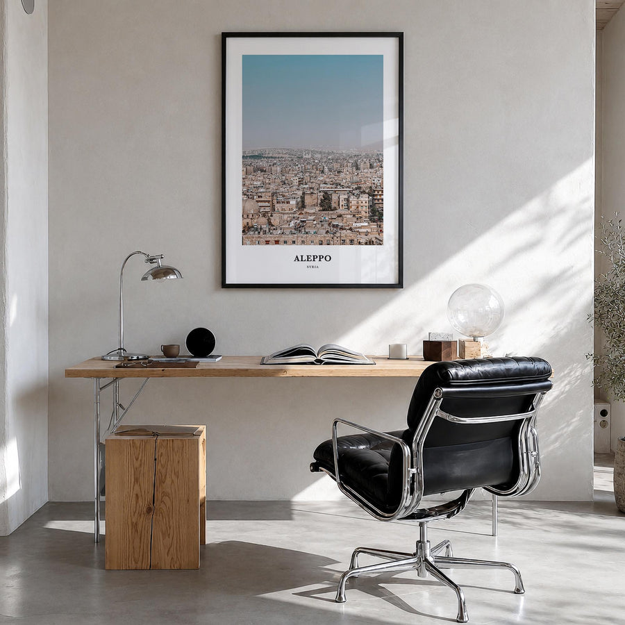 Aleppo colorful classic poster of Syria – vertical wall art in black wood frame, hanging on wall