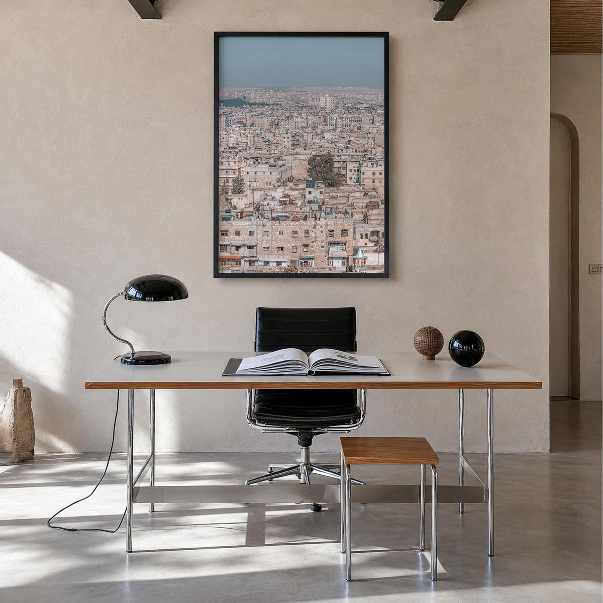 Aleppo colorful photo poster of Syria – vertical wall art in black wood frame, hanging on wall