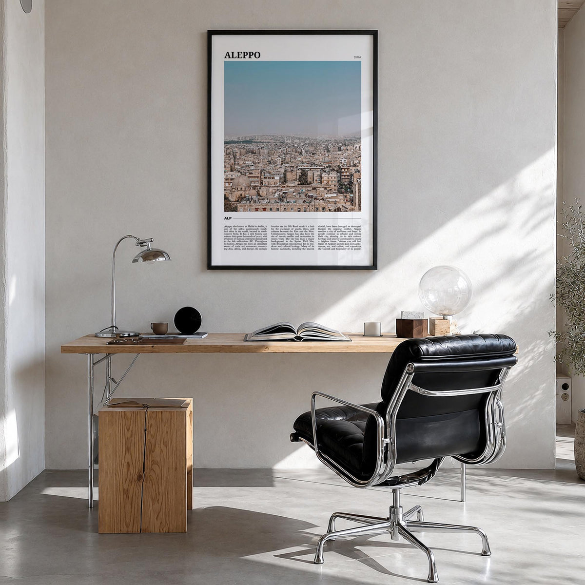 Aleppo colorful travel poster of Syria – vertical wall art in black wood frame, hanging on wall