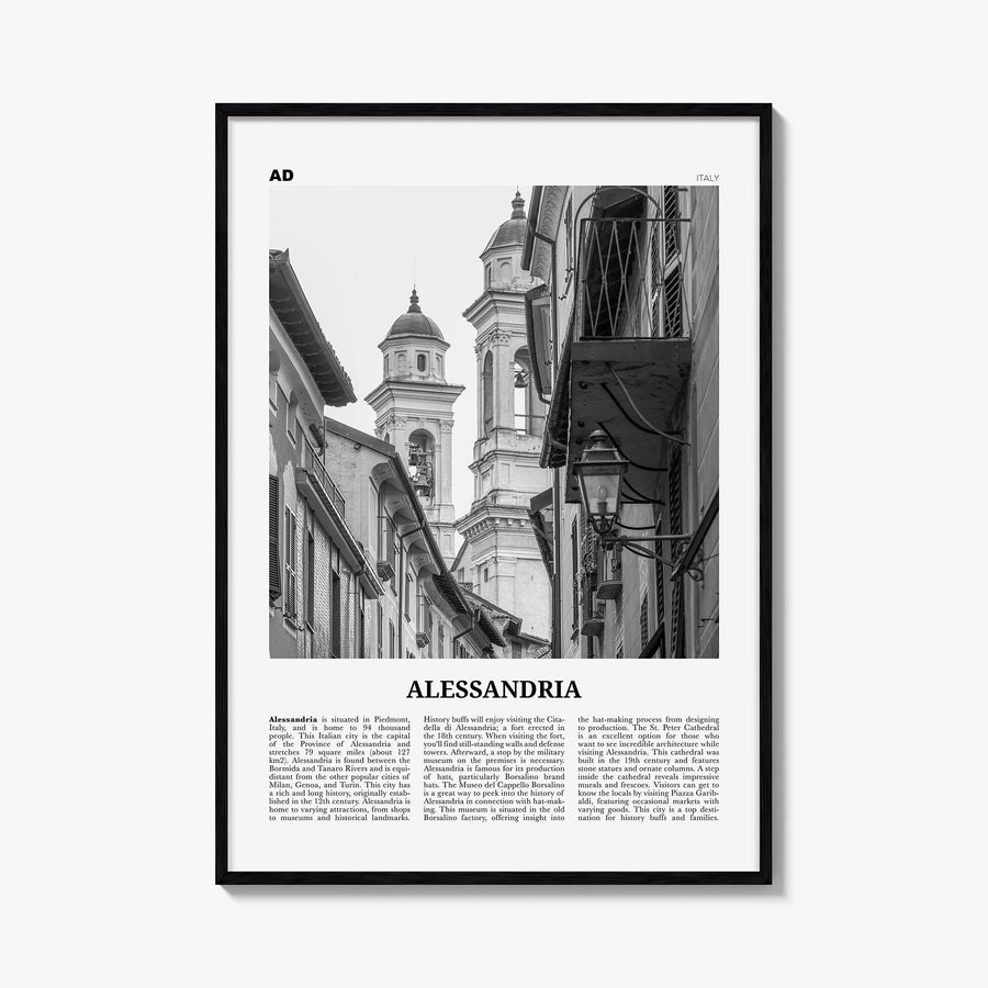 Alessandria black & white newspaper poster of Italy – vertical wall art, unframed print shown in interior mockup