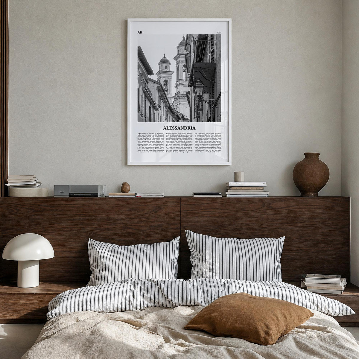 Alessandria black & white newspaper poster of Italy – vertical wall art in white wood frame, hanging on wall