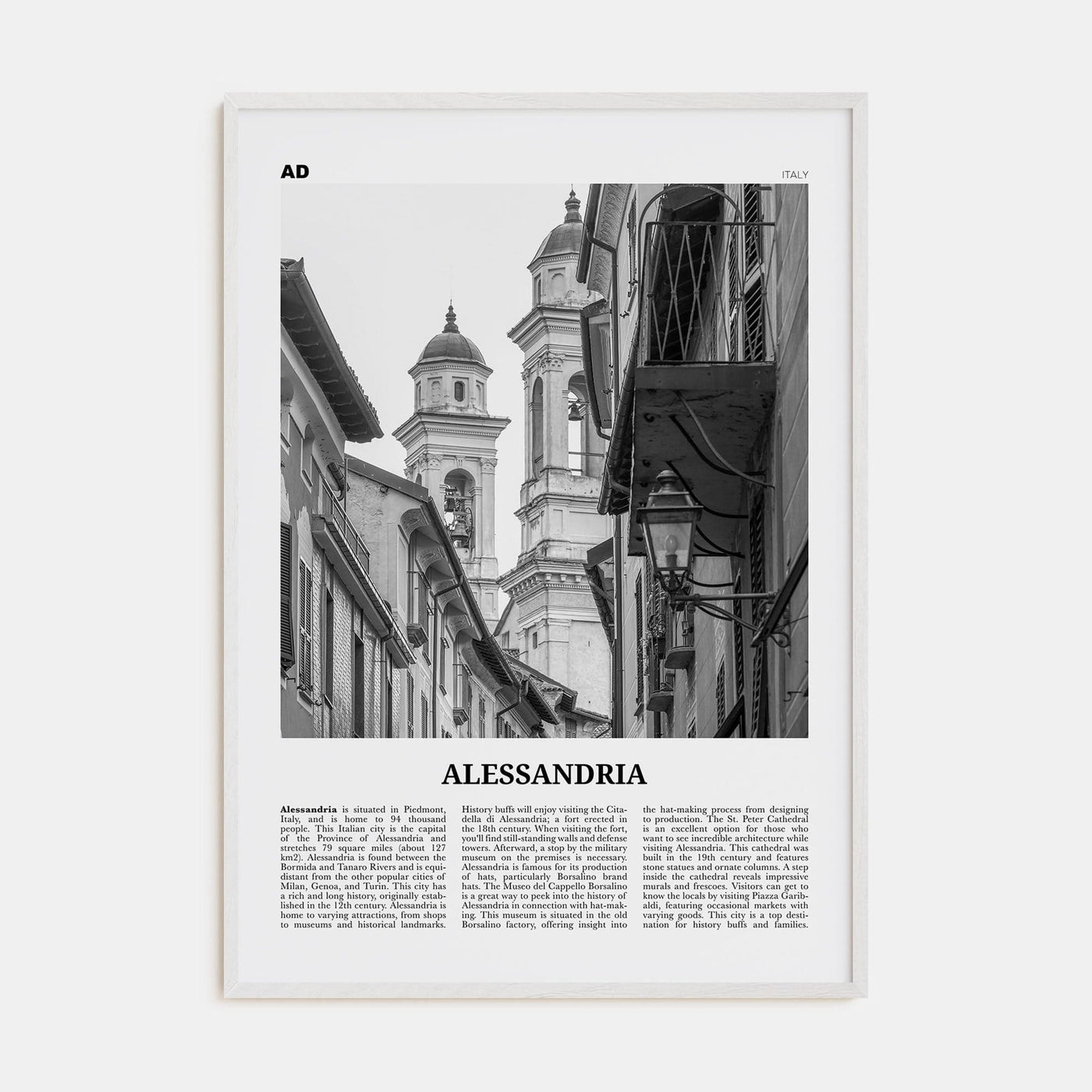 Alessandria Poster White Wood / 8x12 in Nbourhood Travel B&W Poster