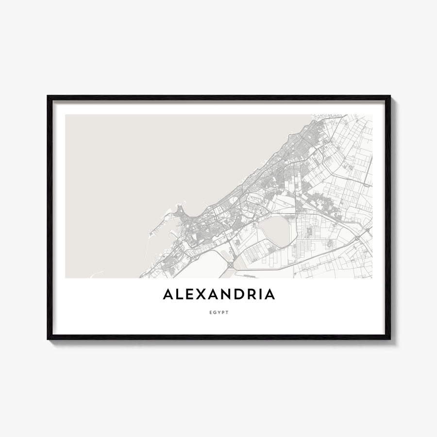 Alexandria, Egypt black & white map poster of Egypt – horizontal wall art, unframed print shown in interior mockup